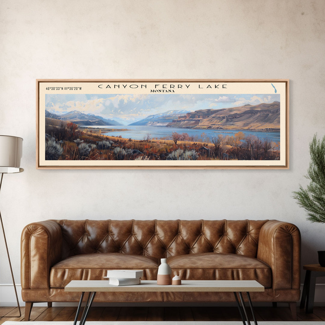 Canyon Ferry Lake Framed Canvas Print, Panoramic Lake House Decor, Wall Art, Travel Poster, Modern Lake Painting, Home Decor
