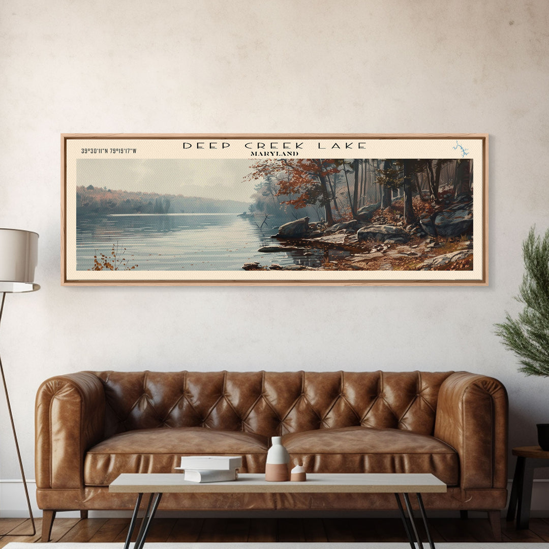 Deep Creek Lake Maryland Framed Canvas Print, Lake House Decor, Panoramic Wall Art, Travel Poster, Modern Lake Painting, Nature Art