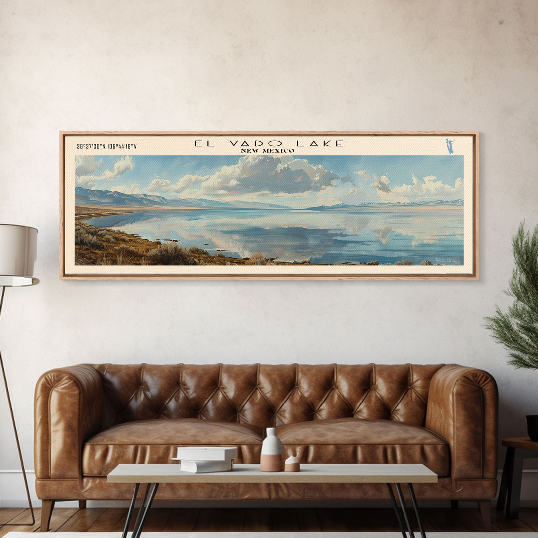 El Vado Lake New Mexico Framed Canvas Print, Lake House Art, Panoramic Travel Poster, Wall Art, Modern Lake Painting, Home Decor