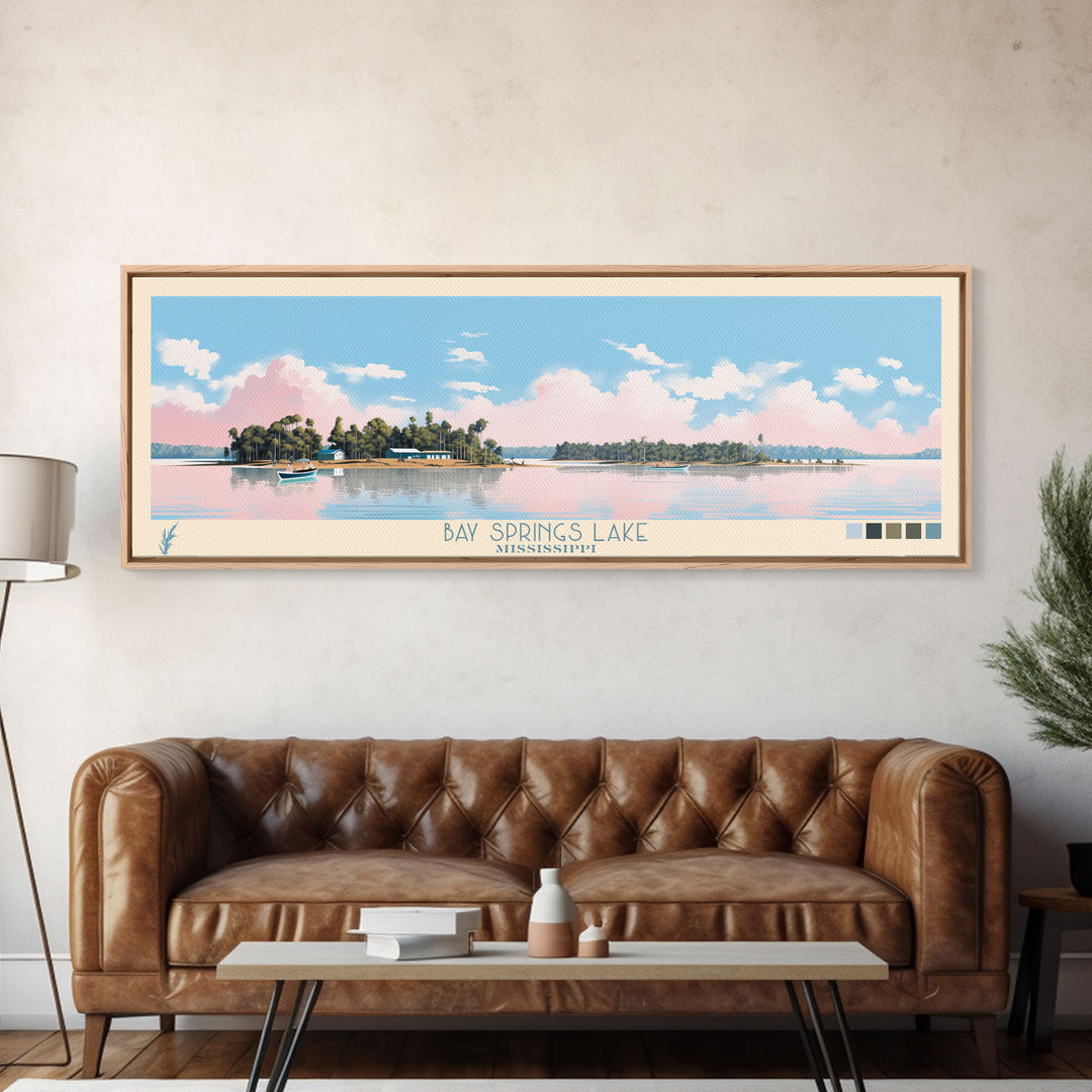 Bay Springs Lake Mississippi Framed Canvas Print, Panoramic Wall Art, Midcentury Modern, Pop Art, Travel Poster, Scenic Living Room Decor, Bedroom Art