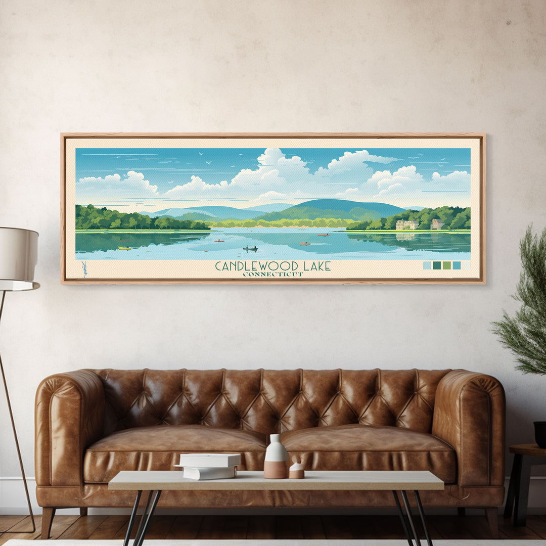 Candlewood Lake Connecticut Framed Canvas Print, Pop Art Panoramic Travel Poster, Midcentury Modern, Wall Art, Scenic Nature Painting, Bedroom Decor