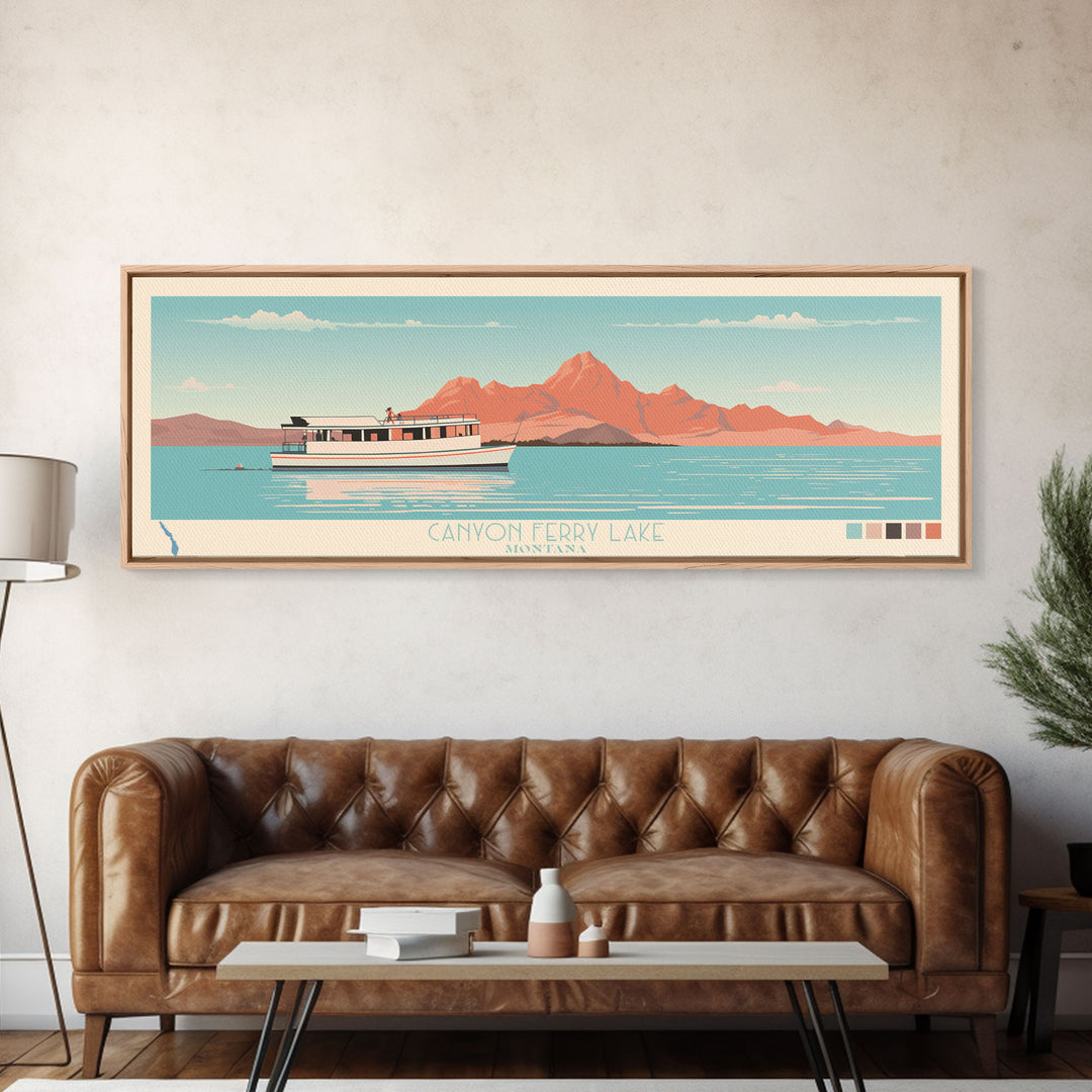 Canyon Ferry Lake Montana Framed Canvas Print, Pop Art Panoramic Travel Poster, Bedroom Decor, Midcentury Modern, Wall Art, Scenic Lake House, Nature Art