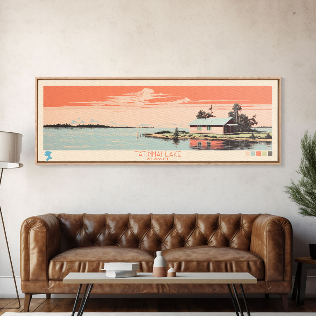 Tatinnai Lake, Nunavut Framed Canvas Print, Lake House Decor, Midcentury Modern Art, Pop Art, Travel Poster, Living Room Wall Art