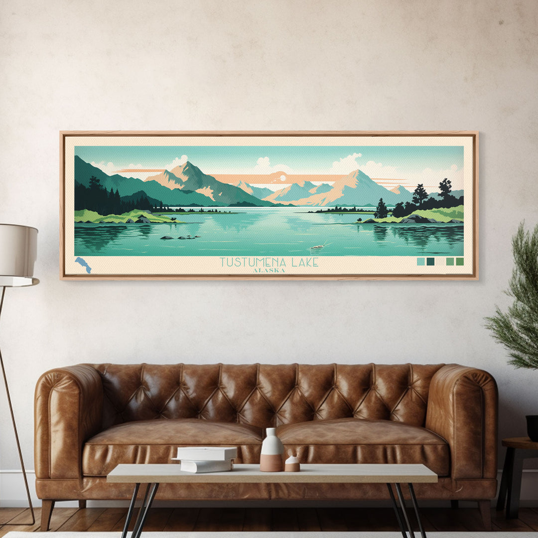Tustumena Lake, Alaska Framed Canvas Print, Lake House Decor, Midcentury Modern Art, Pop Art, Travel Poster, Living Room Wall Art