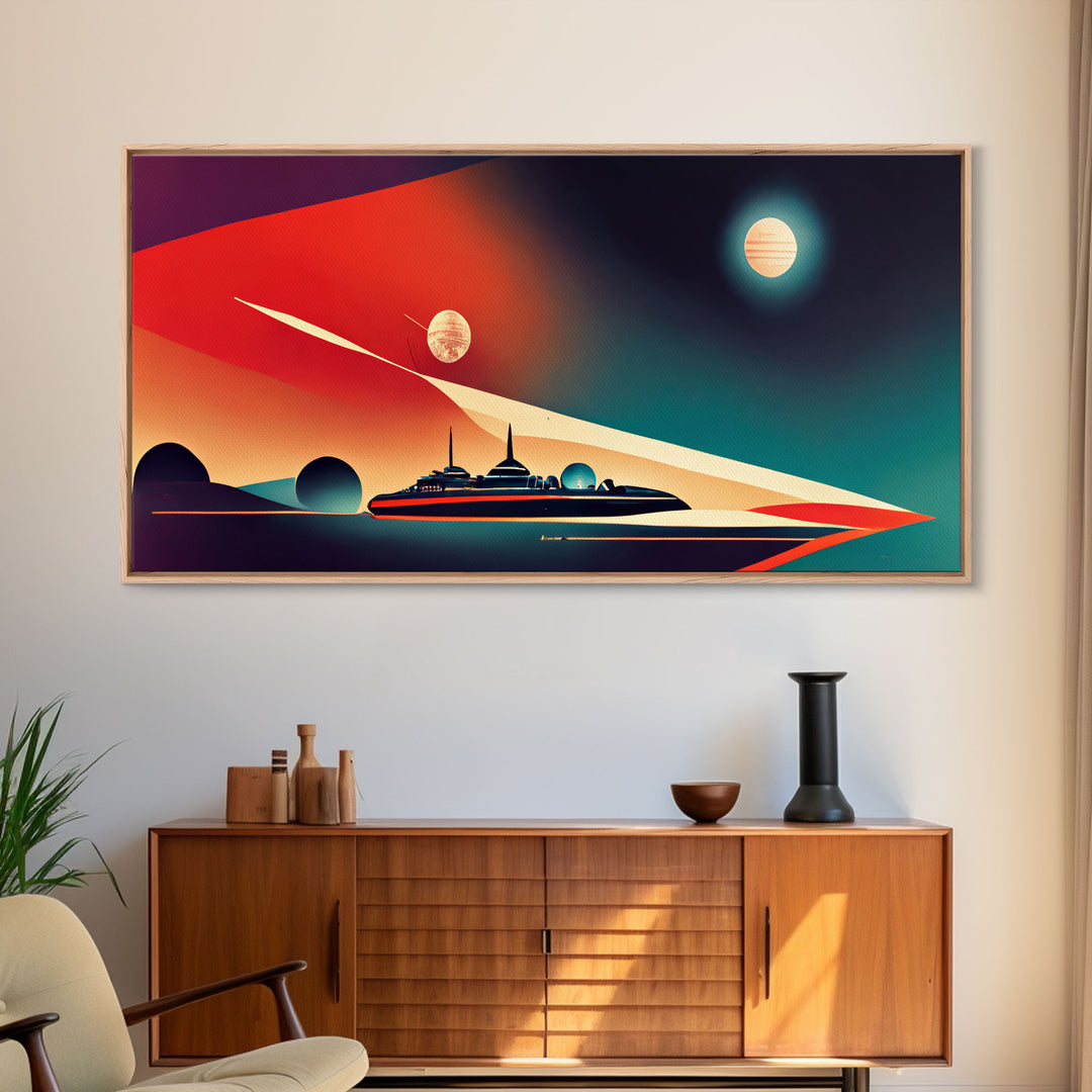 Art deco space cruiser canvas print, explore the stars, vintage style space exploration art, orange and blue outrun style wall art