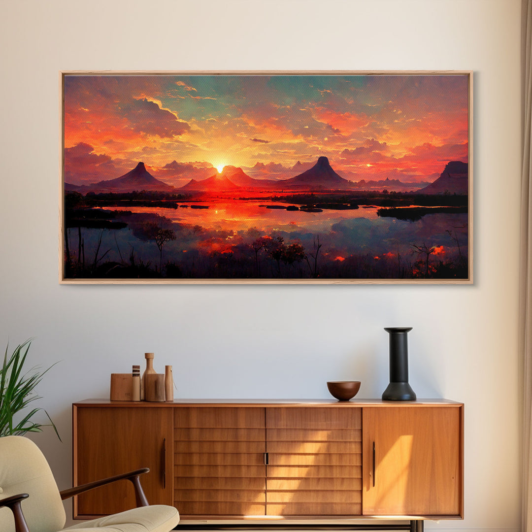 Mountain and Lake Sunset Wall Art Oil Painting On Canvas, Canvas Print, Ready to hang gallery wrapped nature framed canvas print, lake life