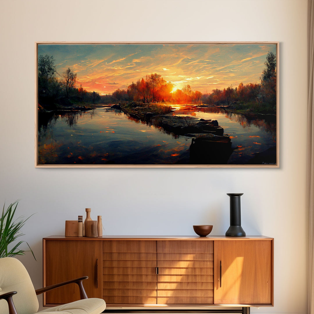 Lake Sunset Oil Painting On Canvas, Canvas Print, Ready to hang gallery wrapped nature canvas print, Lake Art, lake life oil painting style