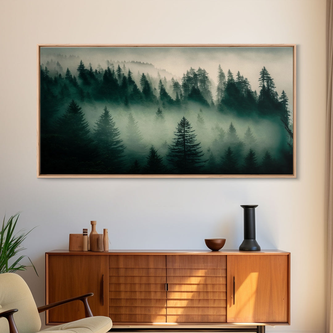 Framed Canvas Print, Pine Tree Forest, Misty Forest Landscape, Fog Covered Mountain, Nature Landscape Decor