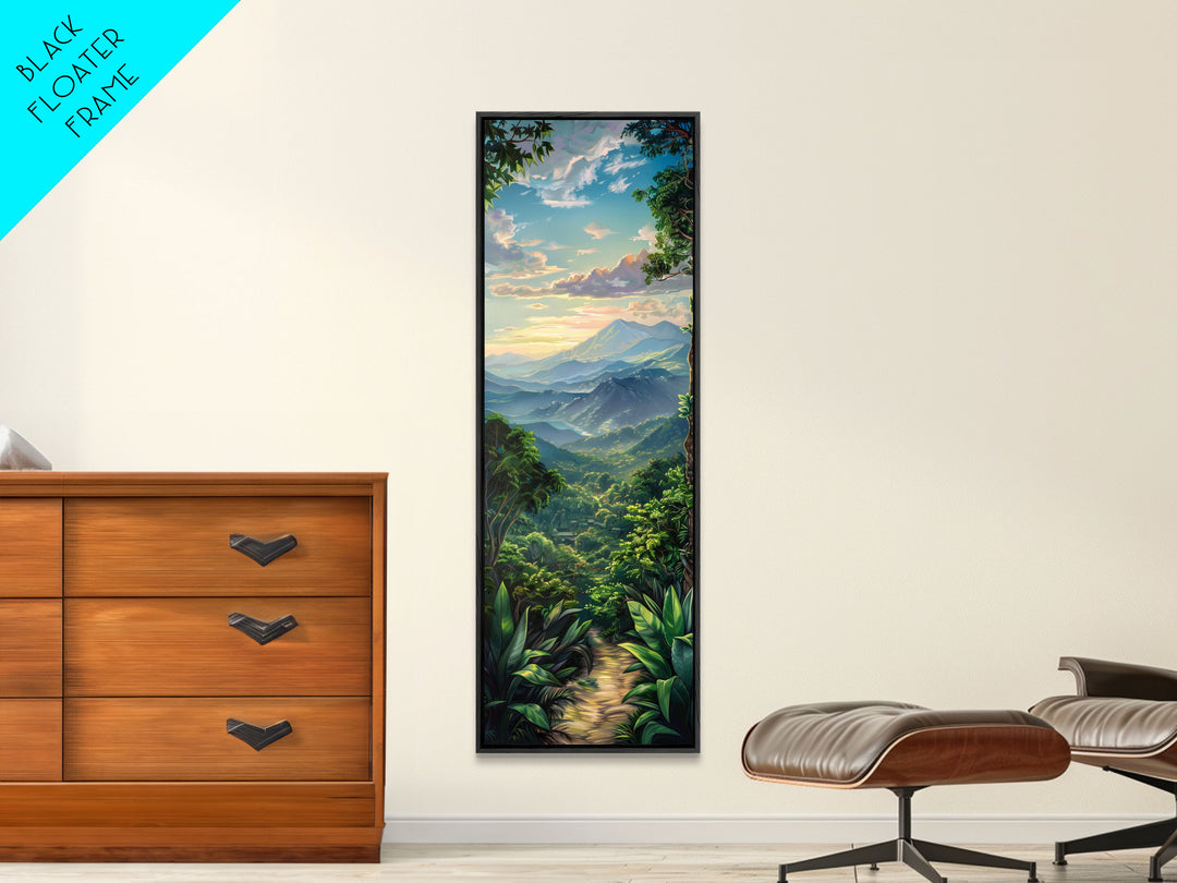 Jungle Landscape Canvas Painting, Tropical Wall Art Print, Mountain Art Printed on Framed Canvas, Oversized Narrow Landscape Art