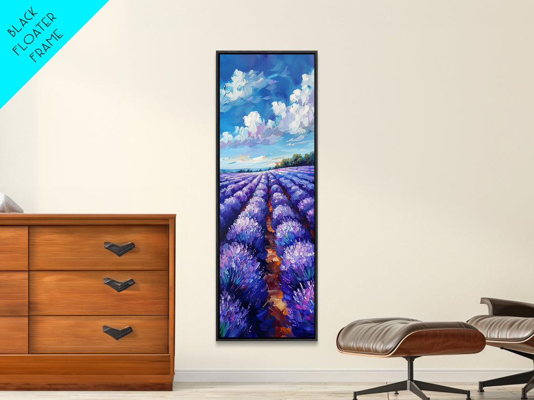 Expansive Lavender Fields Under a Bright Sky, Skinny and Tall Art, Bold Framed Canvas Print, Landscape Wall Art