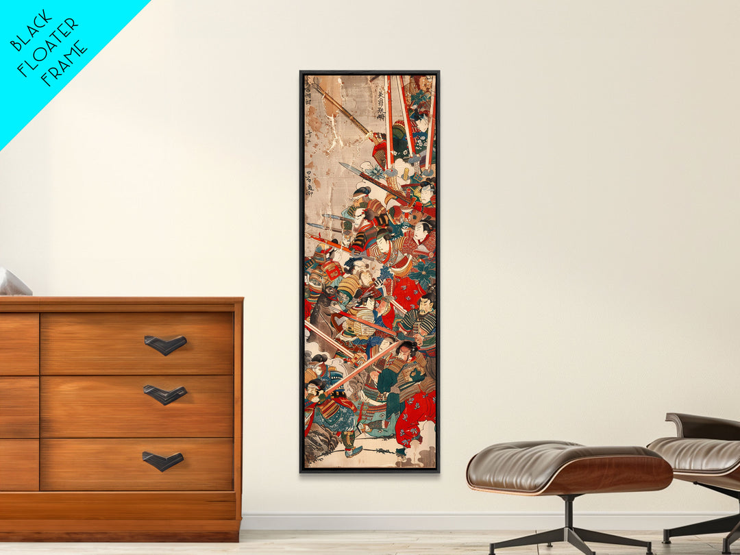 Samurai Warriors in Battle – Traditional Japanese Skinny Art with Historic Details – Framed Canvas Print