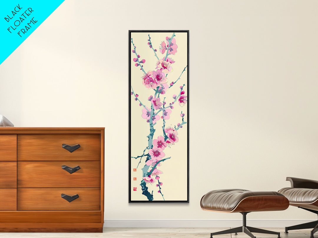 Plum Blossom Branch in Japanese Skinny Art with Delicate Pink Flowers – Framed Canvas Print