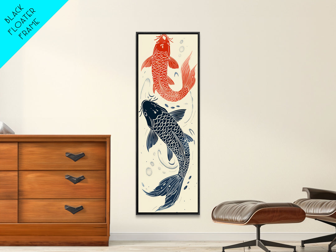 Elegant Koi Fish in Minimalist Japanese Art Style, Tall and Skinny Framed Canvas Print for Ukiyo-e Art Lovers