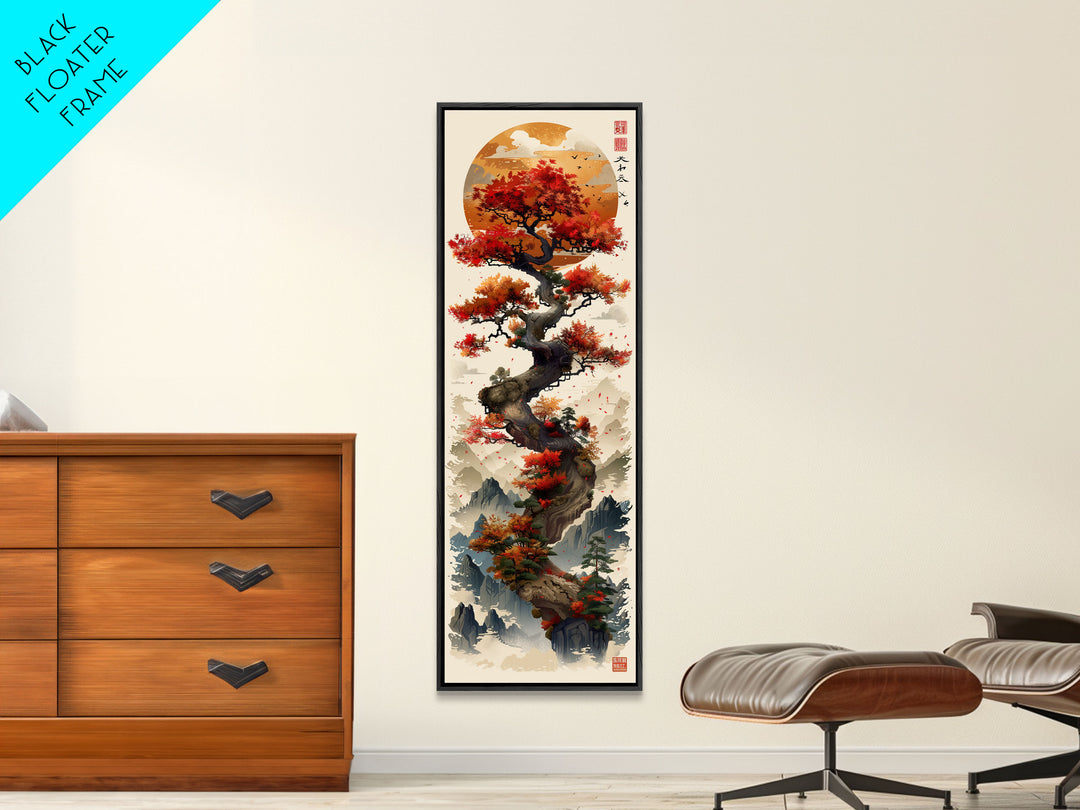 Majestic Bonsai Tree Under the Golden Sun Skinny Art Ukiyo-e Tall Framed Canvas Print with Mountain Landscape
