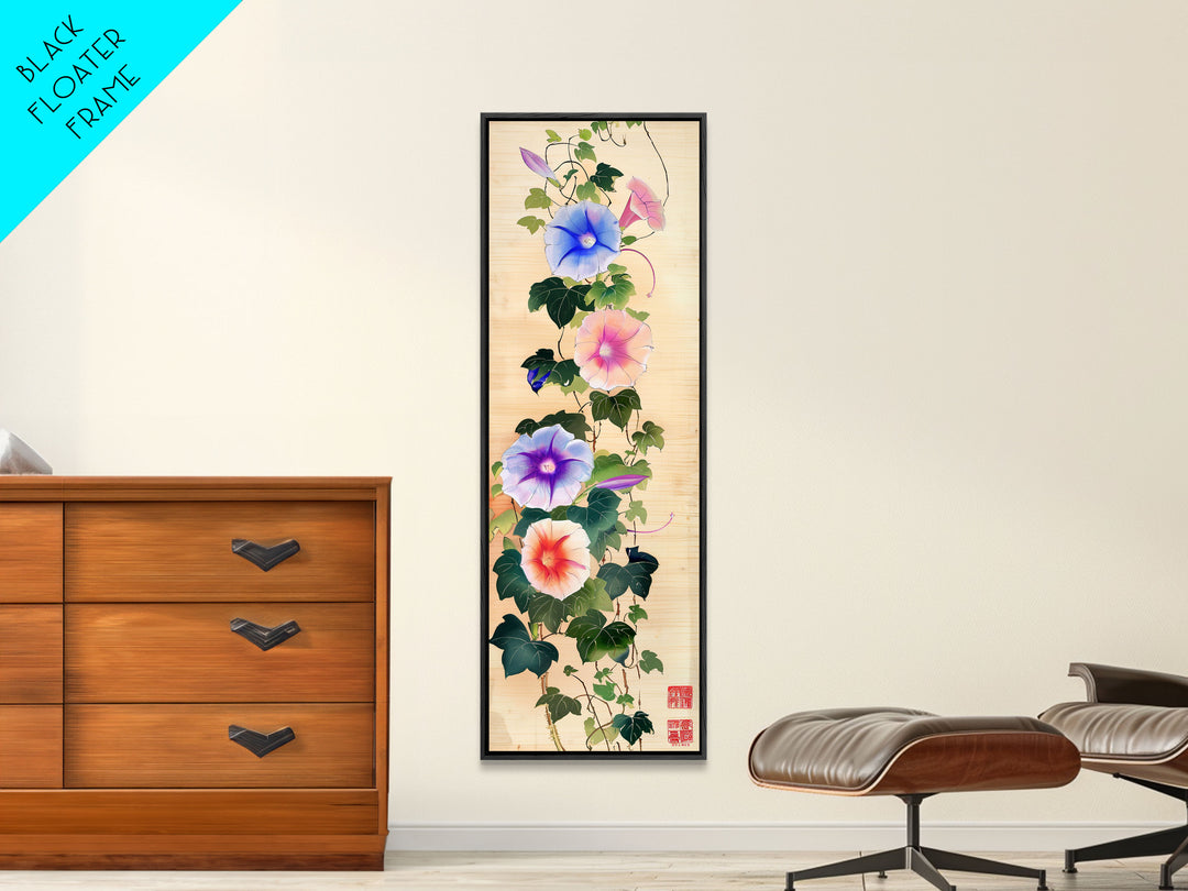 Morning Glories On Wooden Background Ukiyo-e Wall Art Framed Canvas Print Japanese Style Skinny Art Wood Block Print Tall Art