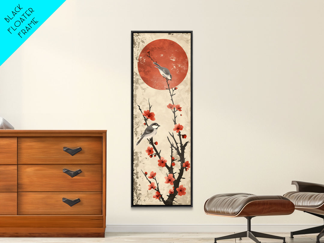 Delicate Birds Perched On Blooming Branch With Red Sun For Traditional Japanese Wall Art Decor Ukiyo-e Style Framed Canvas Print
