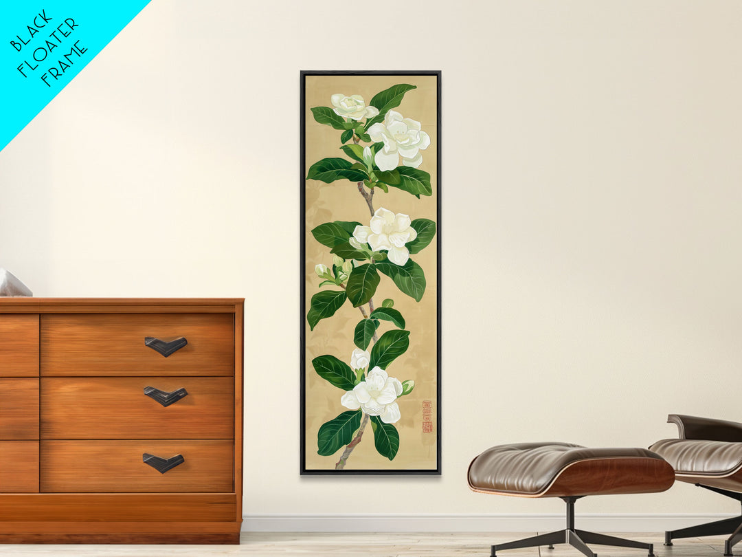 Magnolia Flowers On A Branch - Skinny Art Tall Art Framed Canvas Print Japanese Style Art Ukiyo-e Art