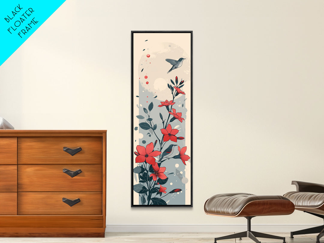 Hummingbird and Red Flowers Skinny Art Tall Art Japanese Ukiyo-e Inspired Nature Framed Canvas Print for Vibrant Interiors