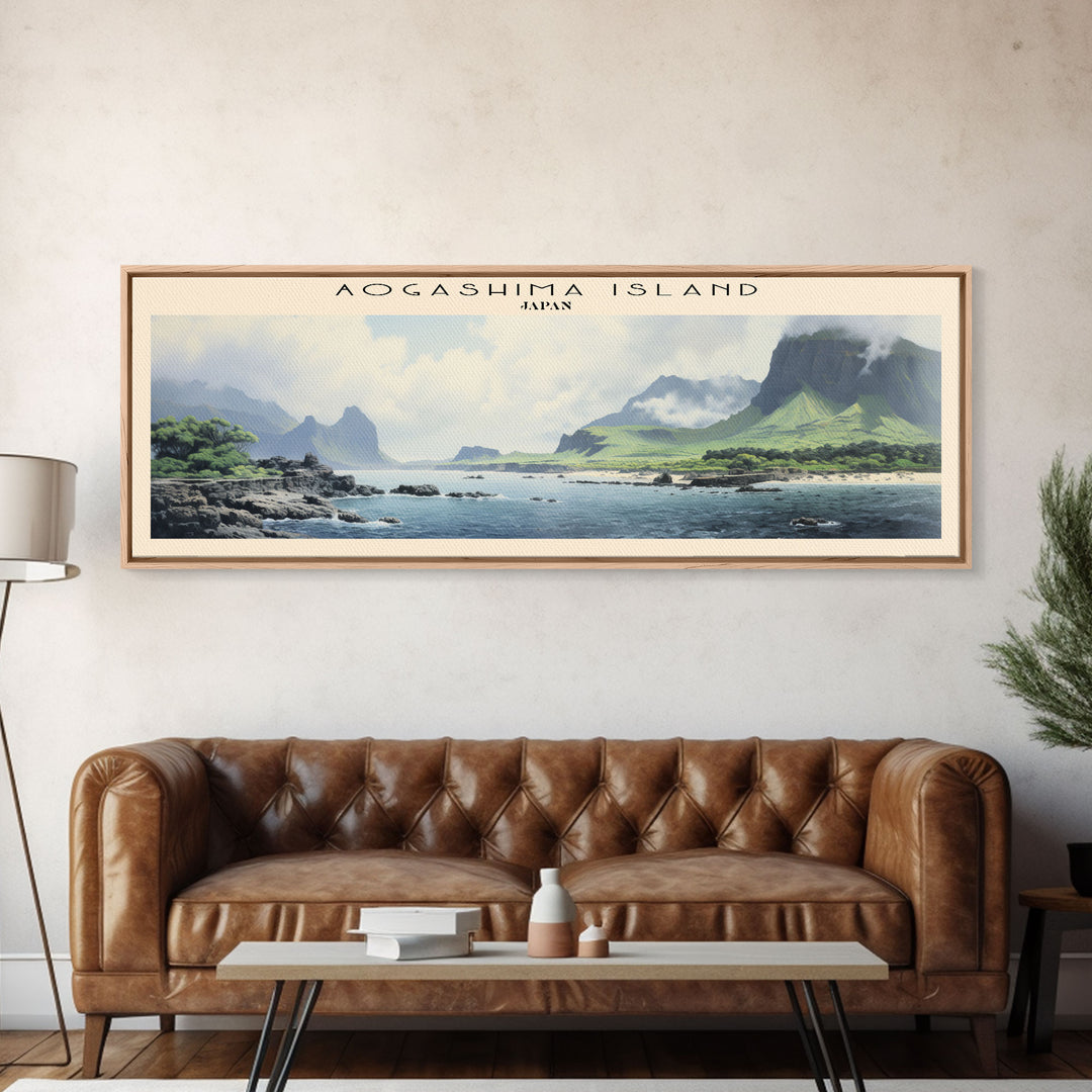 Aogashima Island Travel Art Framed Canvas Print, Wall Decor, Home Decor, Travel Poster, Vintage Wall Art, Watercolor Painting