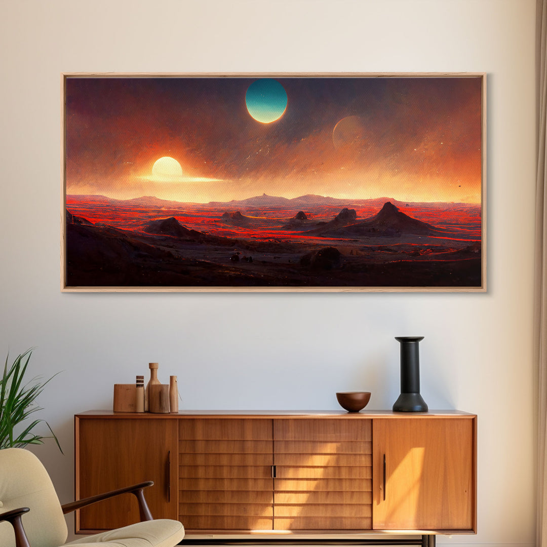 Scifi canvas print, Alien world with 3 moons, spooky print, creepy art, science fiction art