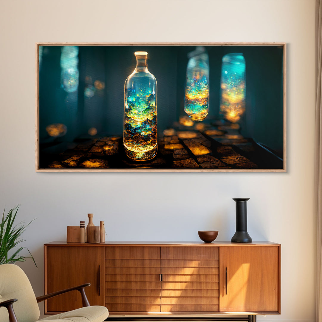 Miniature world in a bottle canvas print, high fantasy wall art, magical wall art, ready to hang wall art