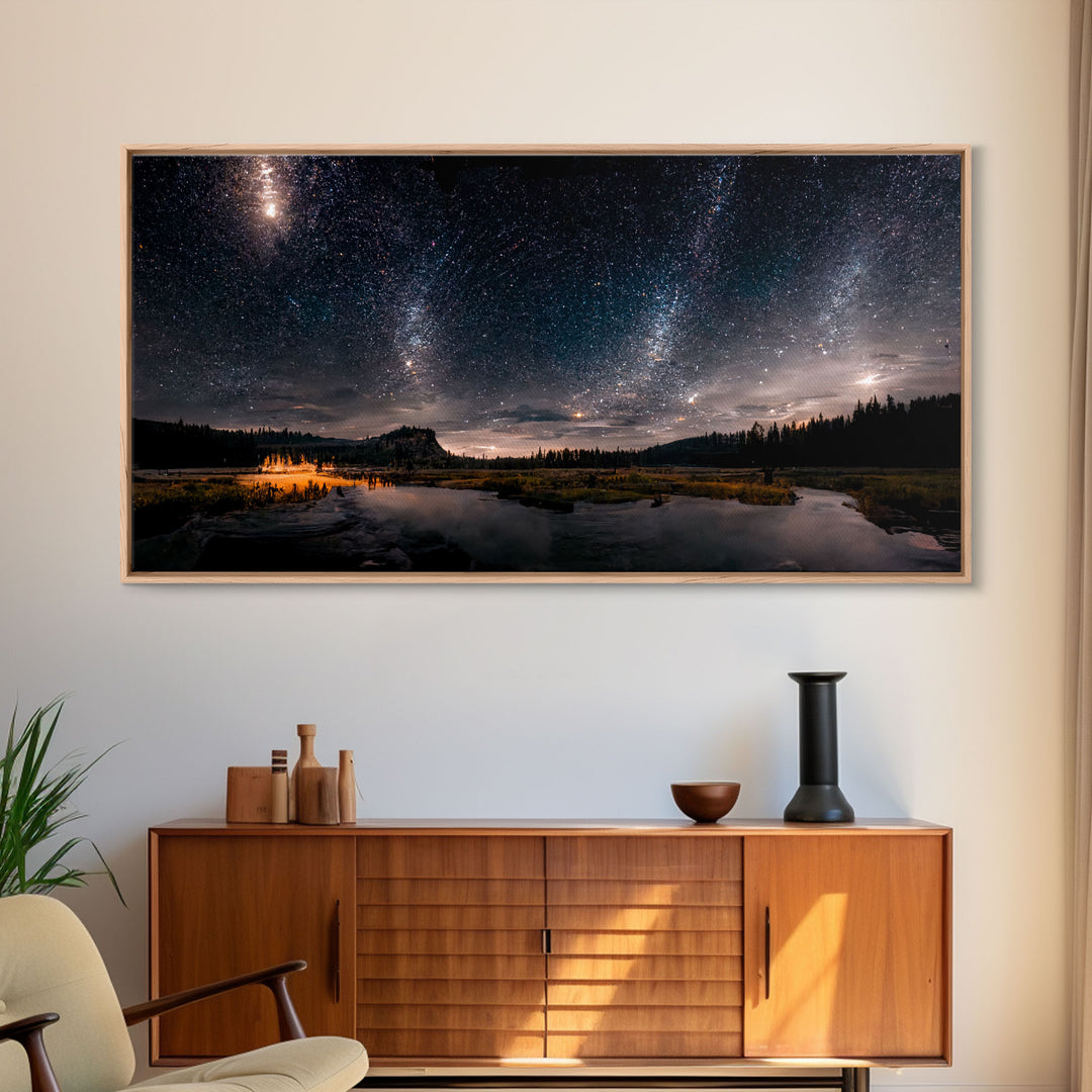 Cool Wall Art Landscape Mountains Nature Painting Prints Minimalist Modern Home Artwork Decoration Night Sky With Stars, Framed Canvas Print