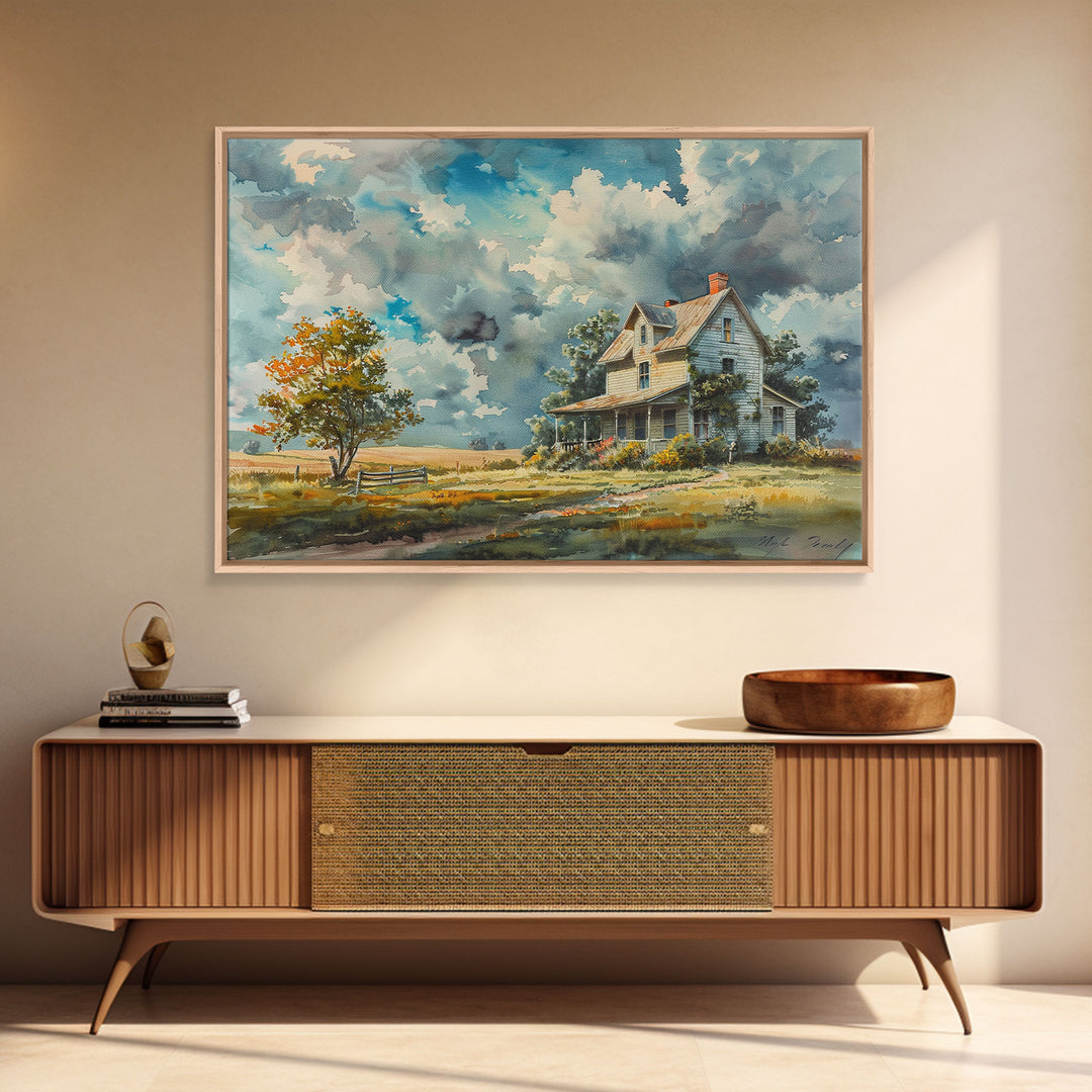 Beautiful Cottagecore Kitsch Framed Canvas Print Of An Old Farmhouse, Watercolor Painting, Custom Original Art, Living Room Decor