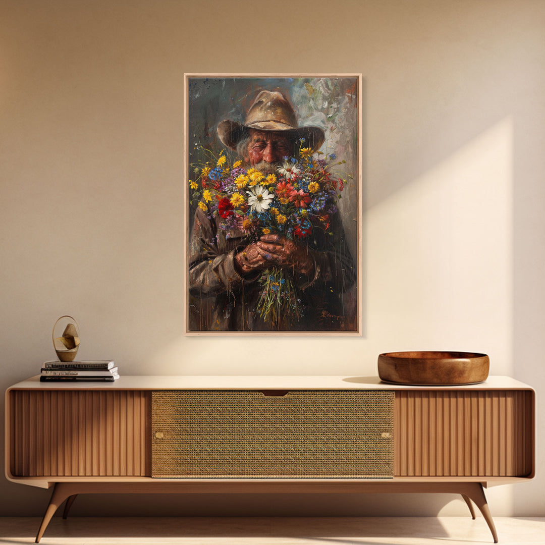 Old Cowboy with Wildflowers - Framed Canvas Print, Vintage Living Room Art, Rustic Bedroom Decor, Western Art, Wall Art