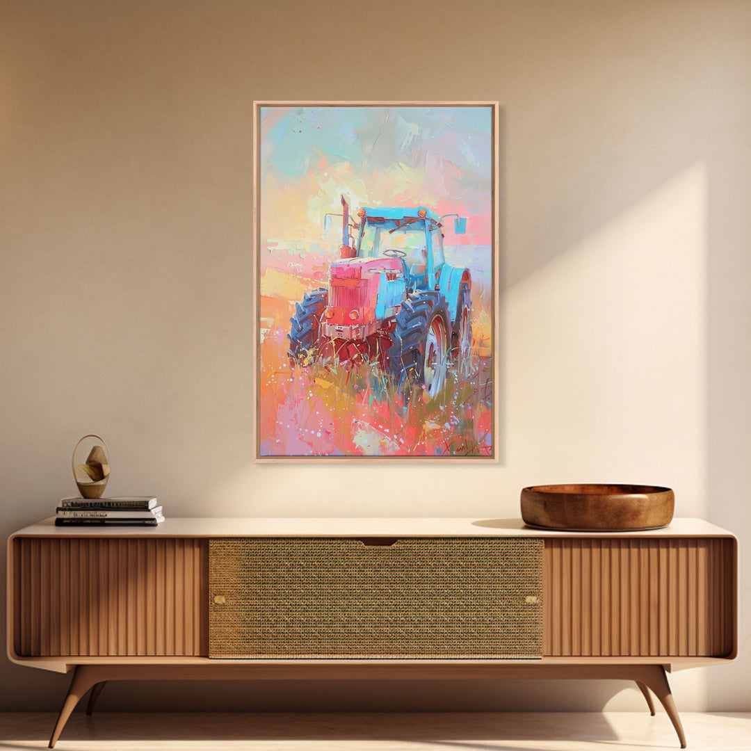 Colorful Tractor in Pastel Field - Framed Canvas Print, Farmhouse Living Room Art, Rustic Bedroom Decor, Rural Art, Wall Art