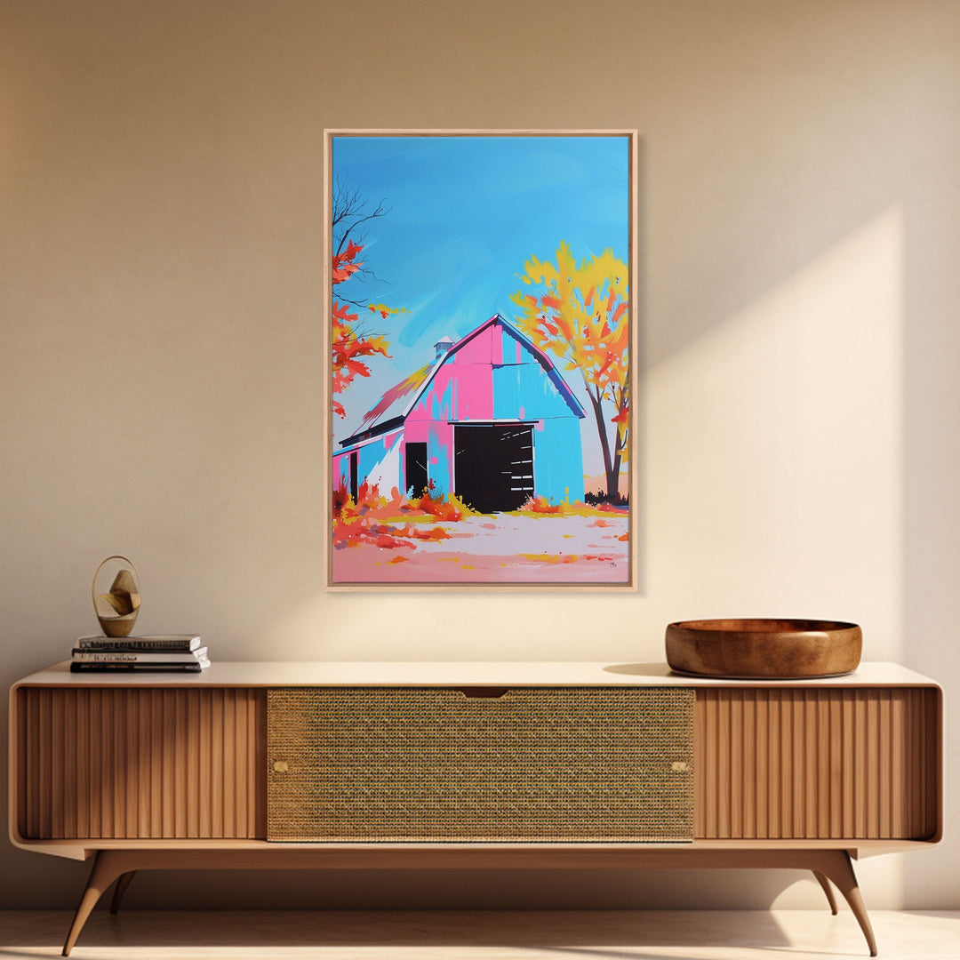 Bright Barn in Autumn Colors with Blue Sky - Framed Canvas Print, Rustic Decor, Barn Art for Living Room, Country Wall Art for Home