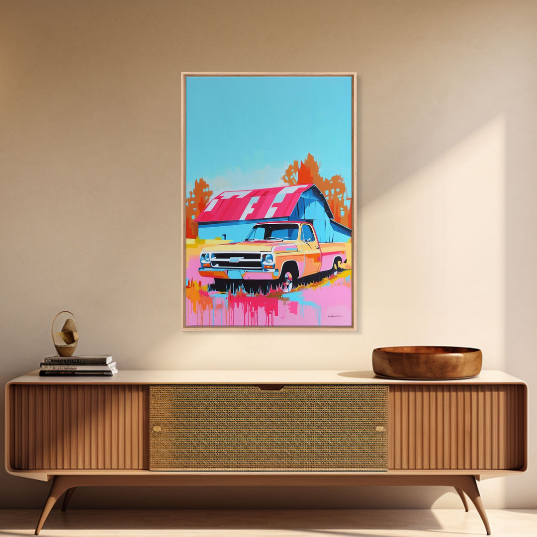 Vintage Truck with Colorful Barn in Background - Framed Canvas Print, Retro Decor, Truck Art for Bedroom, Farmhouse Wall Art for Living Room