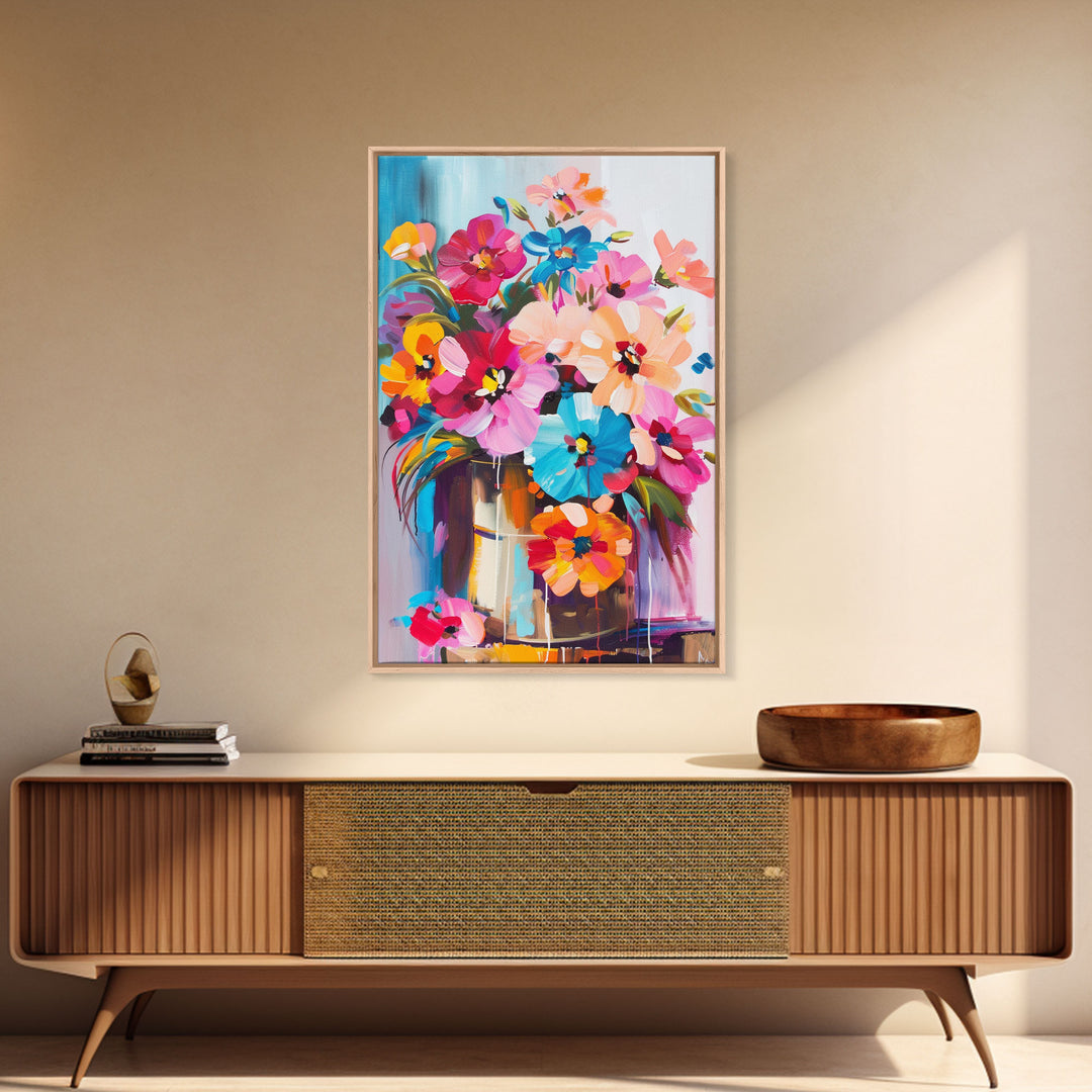 Bold Floral Bouquet in Bright Colors - Framed Canvas Print, Flower Decor, Floral Art for Bedroom, Vibrant Wall Art for Living Room