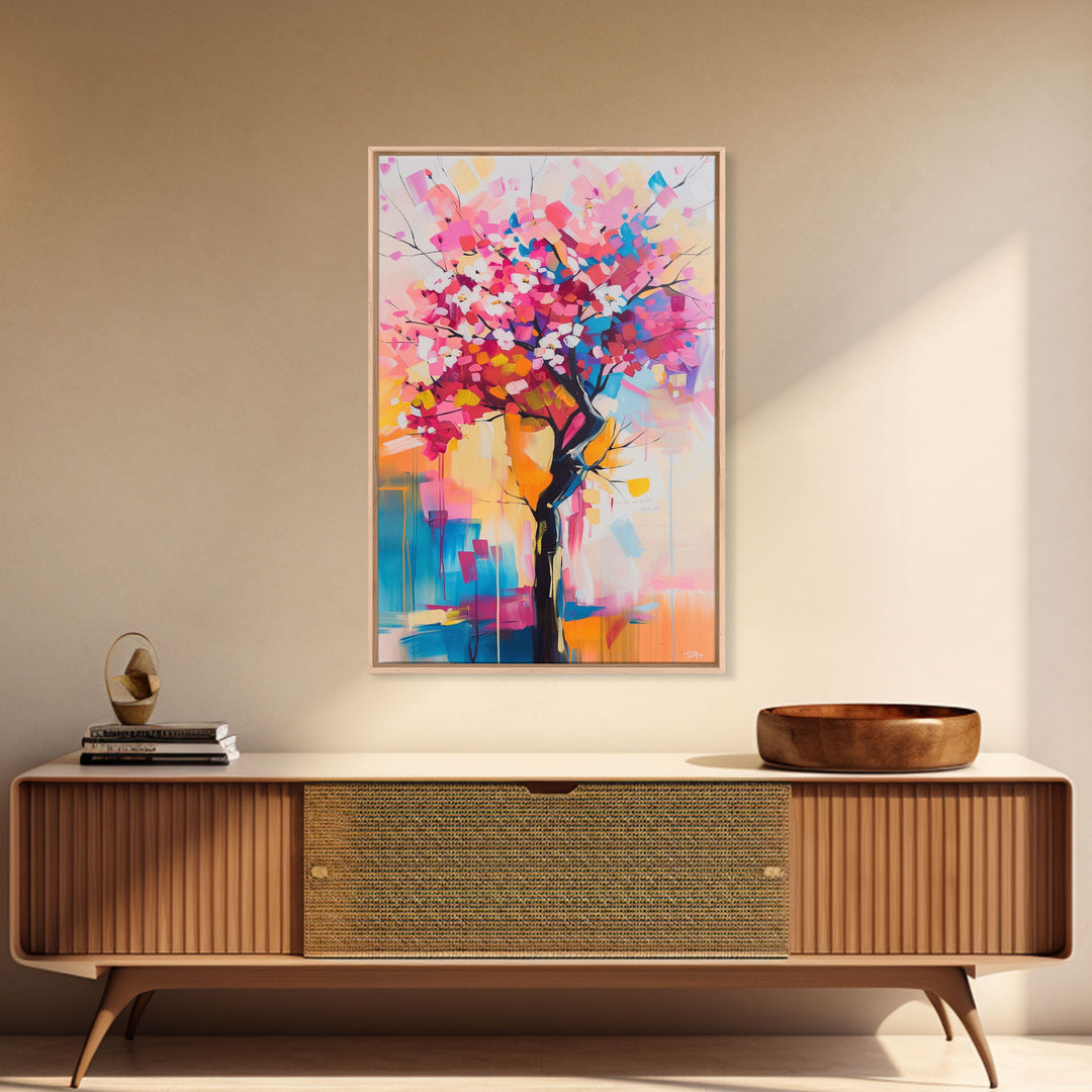 Colorful Blossom Tree Framed Canvas Print - Nature Wall Art, Living Room Decor, Modern Artwork, Unique Floral Art for Bedroom and Office