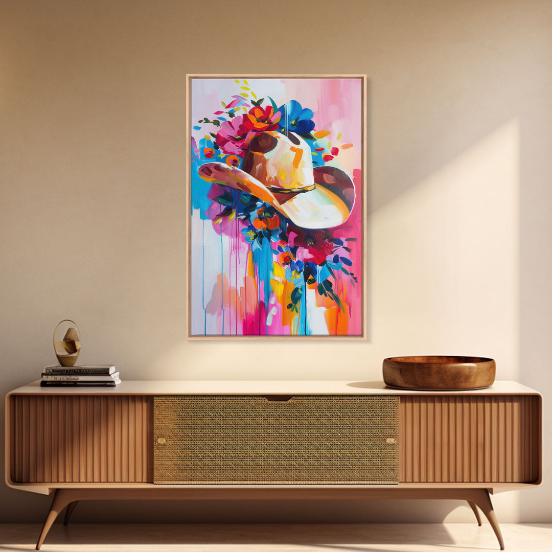 Colorful Cowboy Hat with Floral Accents - Framed Canvas Print, Modern Western Decor, Bold Hat Wall Art for Living Room or Bedroom
