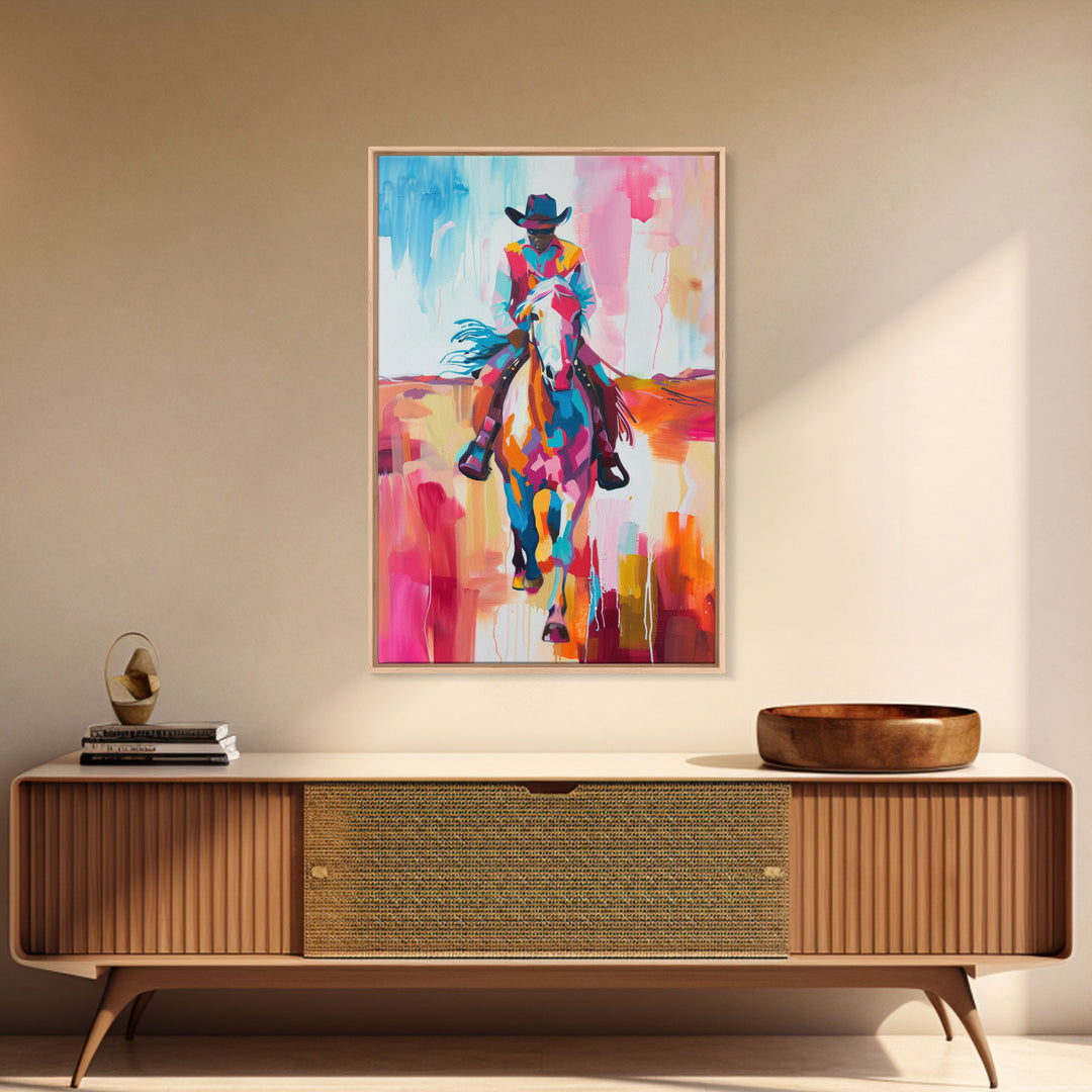 Colorful Cowboy on Horseback Art - Framed Canvas Print, Western Decor, Dynamic Living Room Wall Art, Horse Rider Artwork