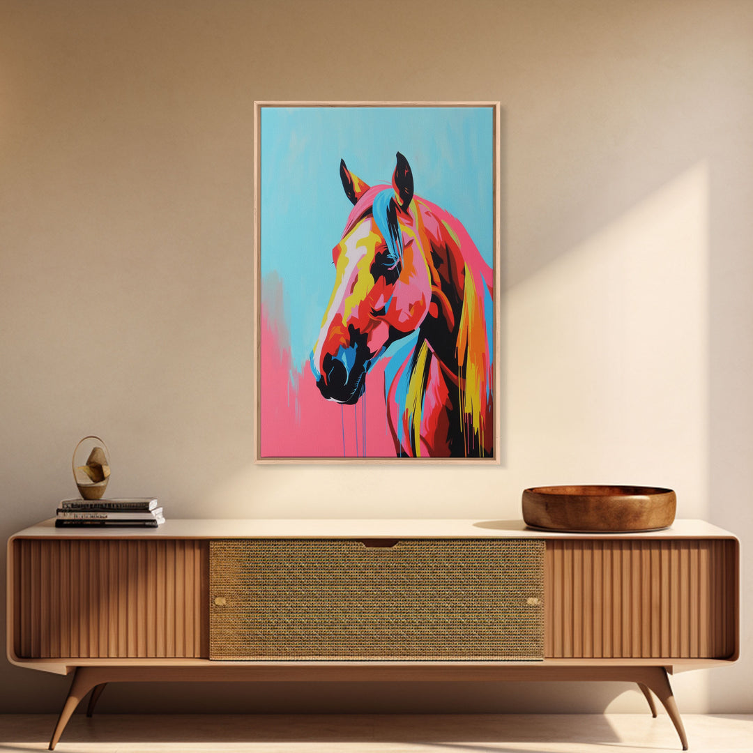 Colorful Horse Head Art - Framed Canvas Print, Vibrant Wall Art, Modern Living Room Decor, Horse Portrait, Bold Animal Artwork, Bedroom Art