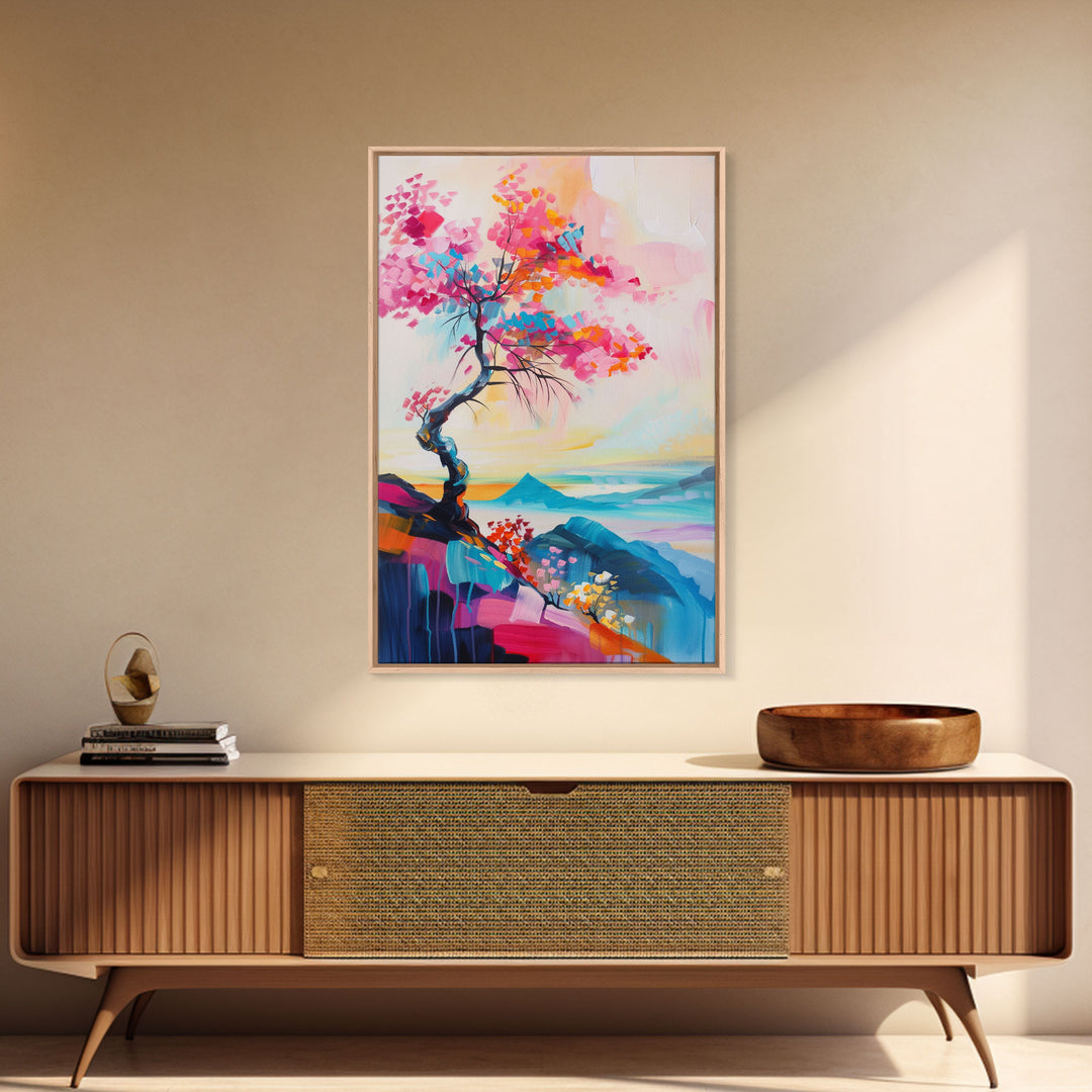 Colorful Tree on a Cliff - Framed Canvas Print, Vibrant Wall Art, Living Room Decor, Modern Nature Artwork, Bold Tree Art, Bedroom Decor