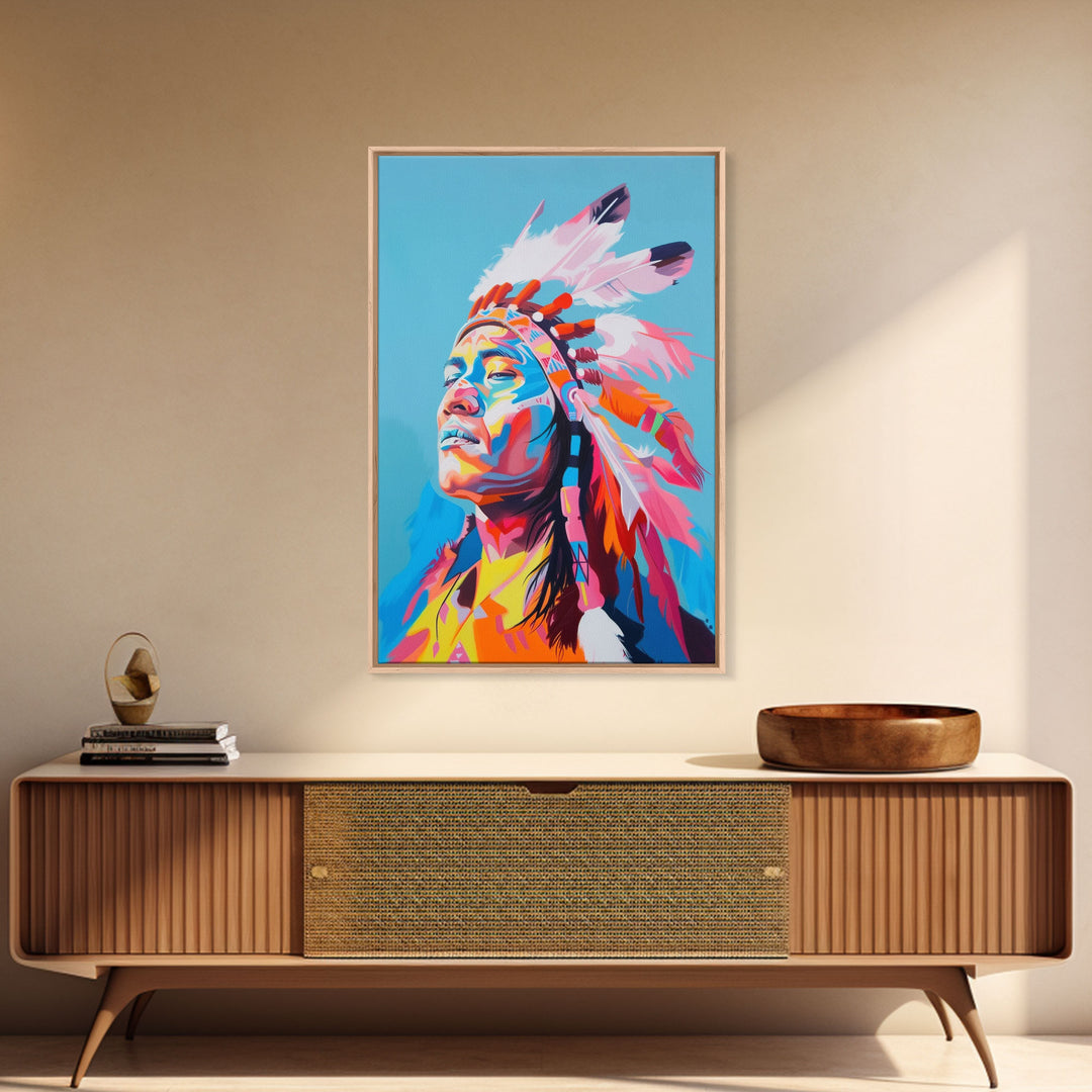 Bold Native American Headdress Framed Canvas Print - Striking Wall Art, Living Room Decor, Colorful Tribal Art for Home Decoration