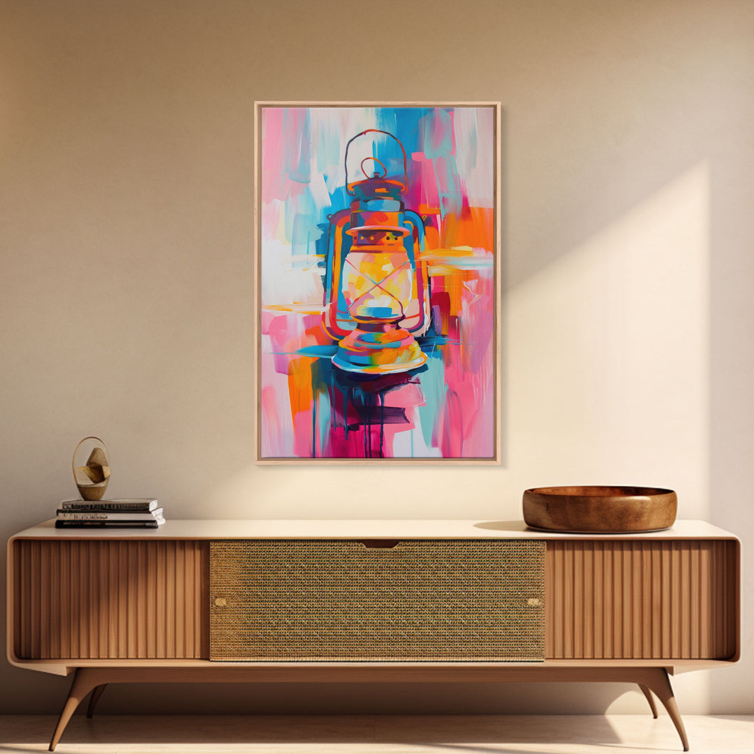 Colorful Abstract Oil Lamp - Framed Canvas Print, Modern Western Art, Unique Lamp Wall Art for Bedroom Decor