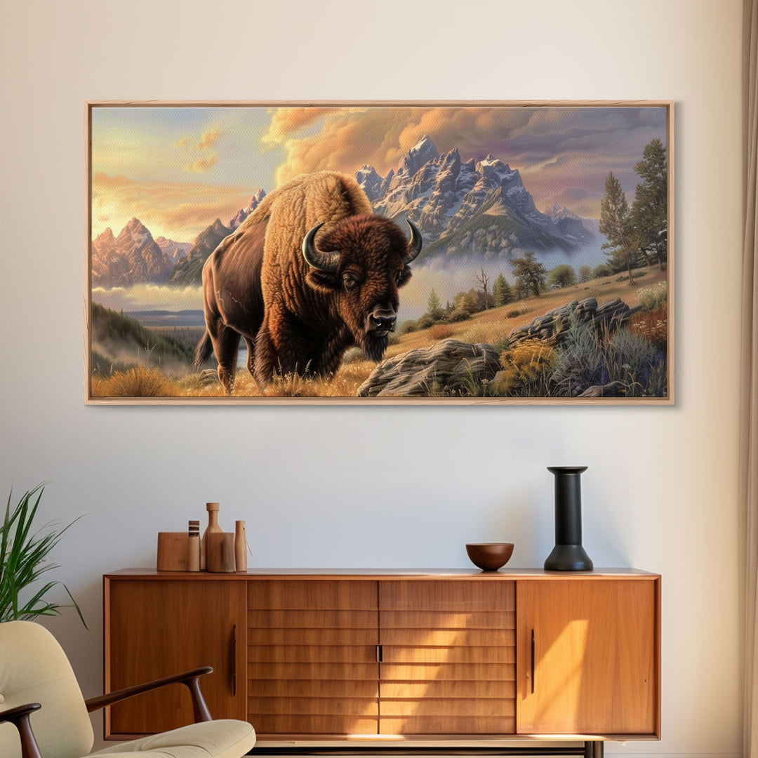 Powerful Bison in Mountain Valley, Framed Canvas Print, Ideal for Living Room Art, Nature Inspired Wall Art, Bedroom Decoration