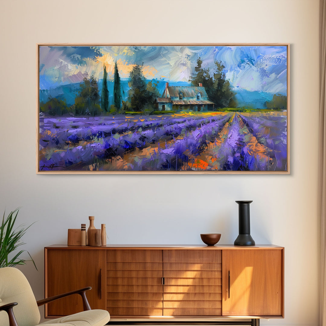 Lavender Field with Cottage, Impressionist Style, Framed Canvas Print, Farmhouse Decor, Cottagecore Art, Pastel Wall Art