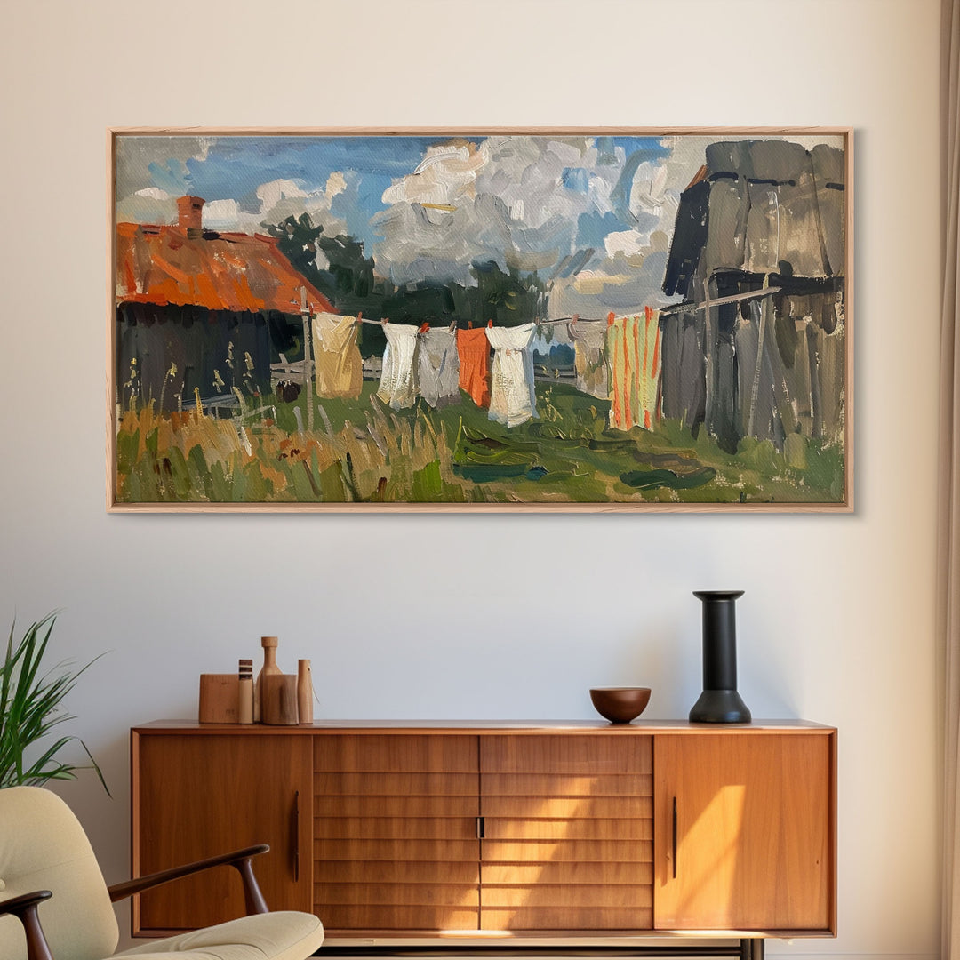 Clothesline with Rustic Farmhouse, Framed Canvas Print, Farmhouse Style, Living Room Art, Country Decor, Vintage Scene