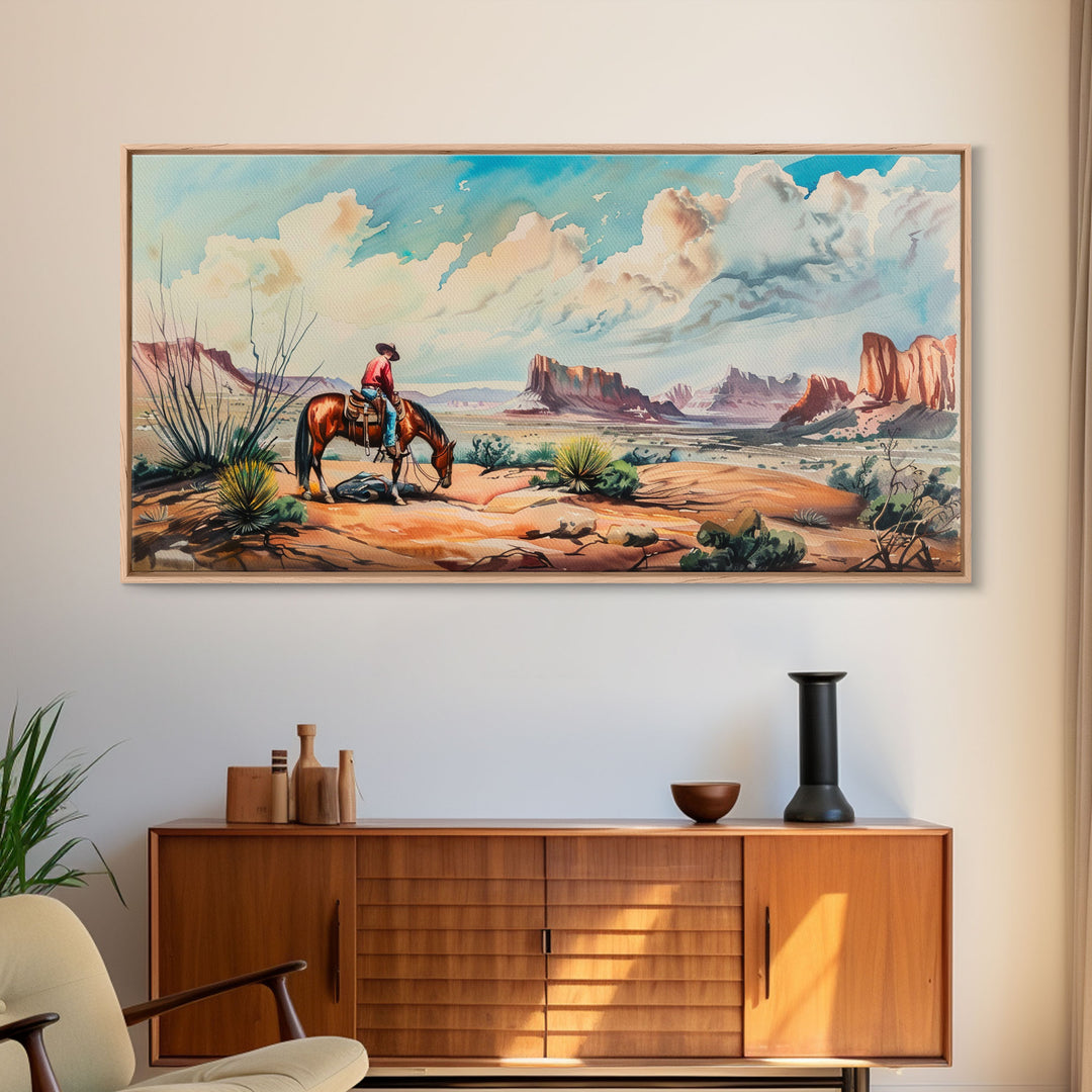 Cowboy Gazing Over Expansive Desert, Boho Western Landscape Art, Framed Canvas Print, Living Room Wall Decor, Rustic Country Style