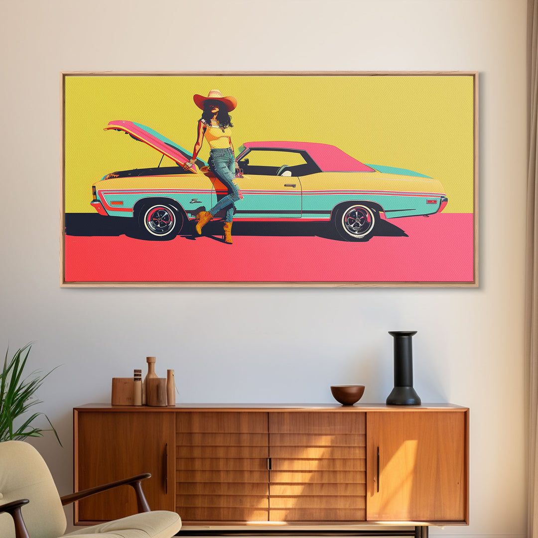 Colorful Pop Art Cowgirl with Classic Car, Framed Canvas Print for Living Room, Bright Bedroom Wall Art, Unique Home Decor