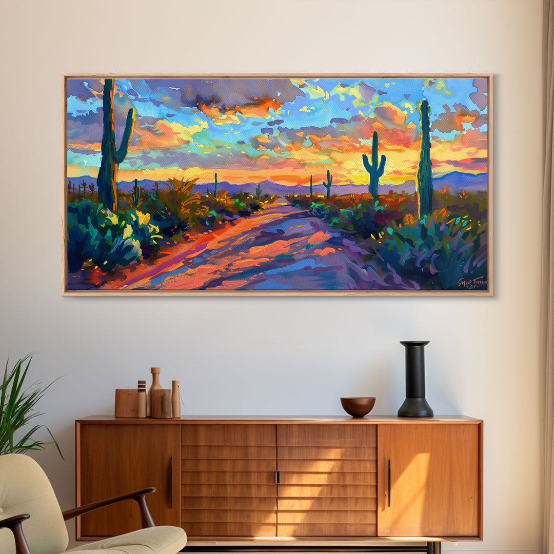 Majestic Desert Sunset Over Mountains, Framed Canvas Print for Bedroom Art, Ideal for Southwestern and Boho Decor