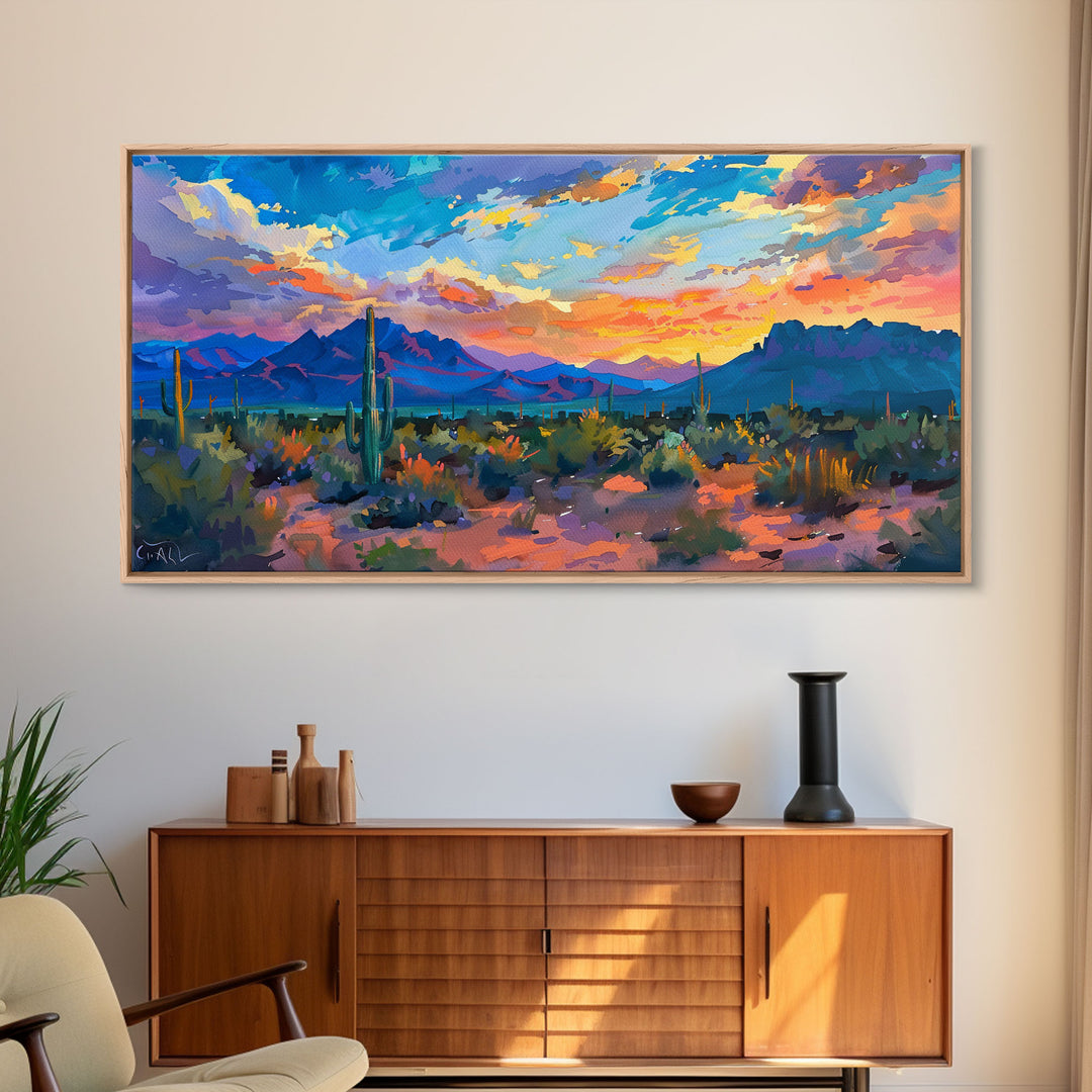 Monument Valley Sunset with Tall Cacti, Framed Canvas Print for Living Room Art, Perfect for Boho and Southwestern Decor