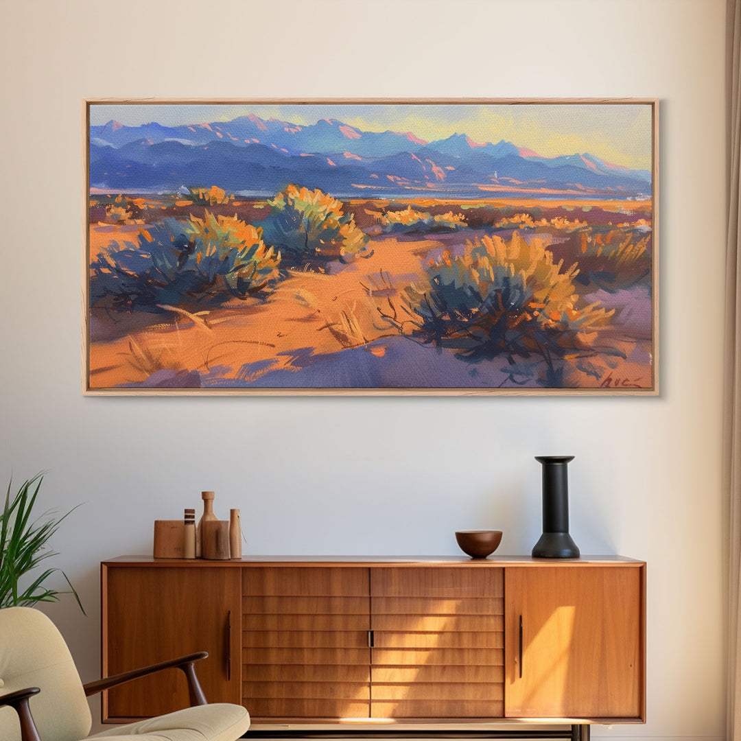 Desert brush and vibrant colors at sunset, Framed Canvas Print, perfect for southwestern living room, bohemian wall decor art