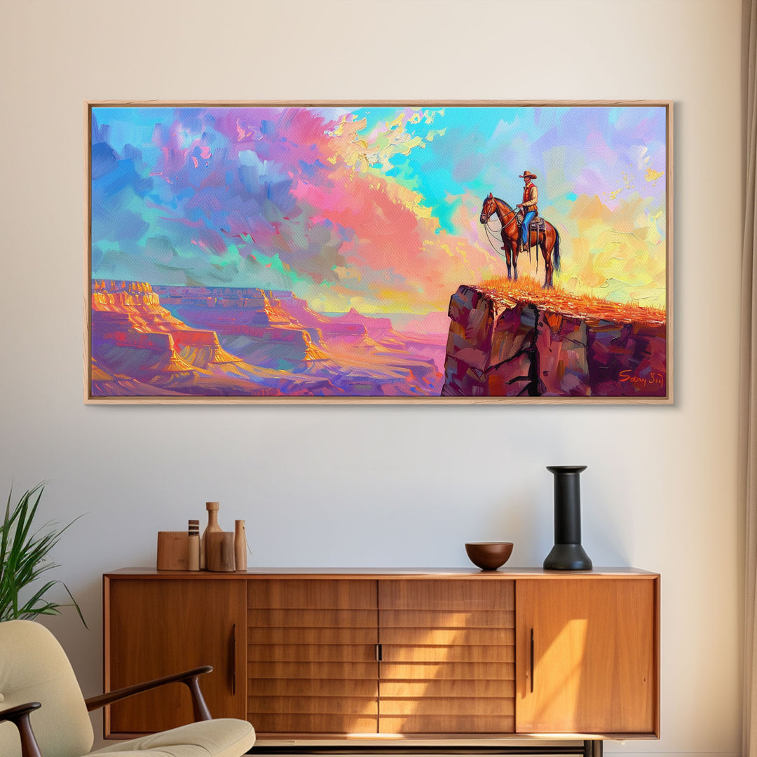 Cowboy on Horse with Colorful Sunset Sky, Farmhouse Style Framed Canvas Print for Living Room Wall Art, Vibrant Home Decor, Western Art