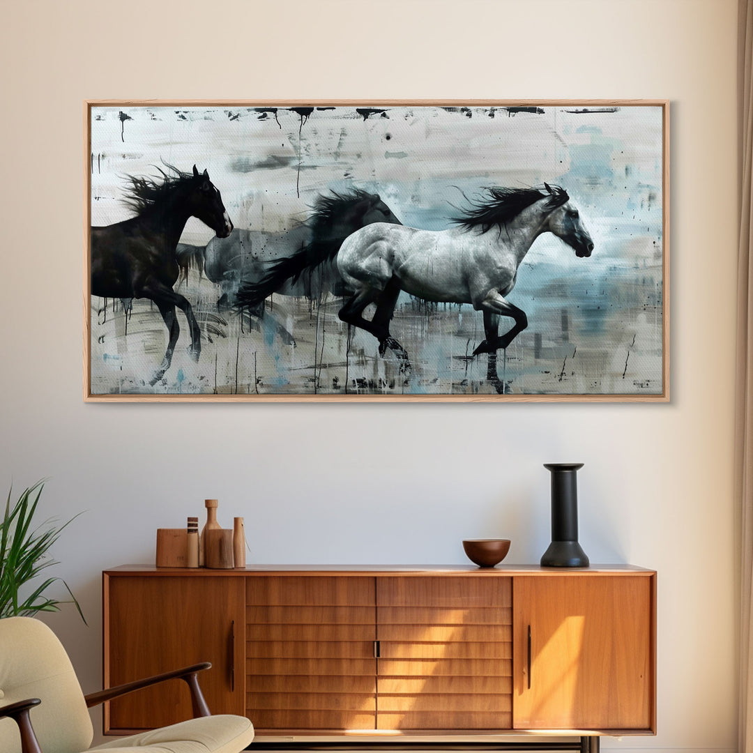 Black and White Horses Running in Abstract Landscape, Ideal Wall Art, Framed Canvas Print for Living Room or Bedroom Decor, Colorful Art