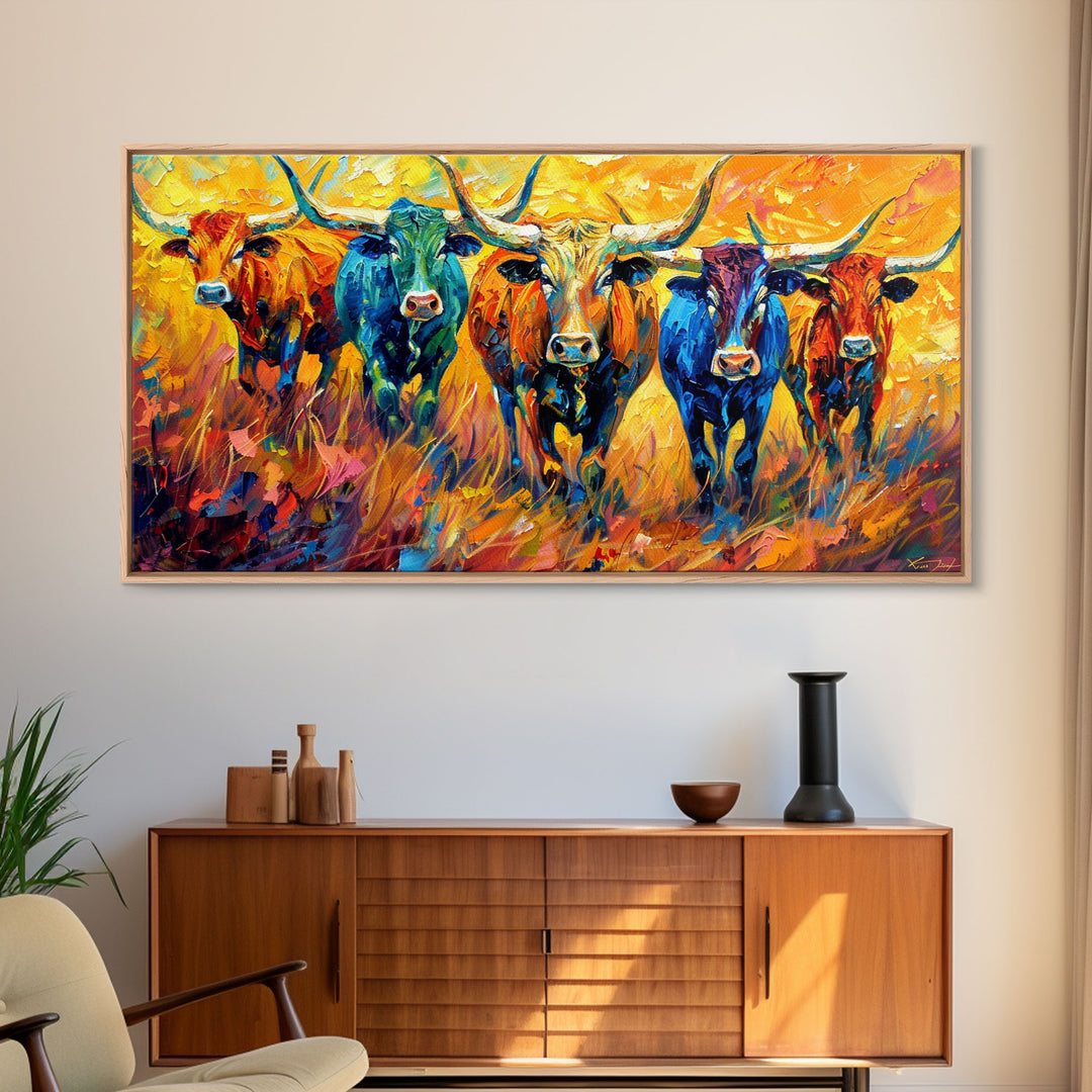 Colorful Herd of Cattle, Ideal for Living Room Art, Framed Canvas Print, Bedroom Decor, Home Decoration, Rustic Farmhouse Art
